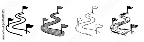 Hand drawn roadmap icons with winding paths and milestone flags show a business journey from start to finish in four different sketch styles like solid, outline, and crosshatch