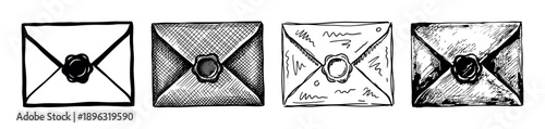Four hand-drawn black and white envelopes sealed with wax in a vintage sketch style, showcasing different ink drawing techniques like cross-hatching and simple line art