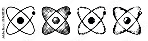 Set of four hand-drawn atom icons showing different artistic styles from clean line art to a rough, sketchy grunge texture for science and technology concepts