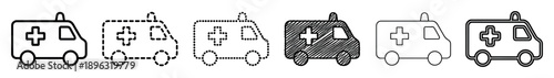 Set of six black ambulance icons showing different artistic styles including outline, dotted, dashed, and scribbled for medical emergency and healthcare concepts