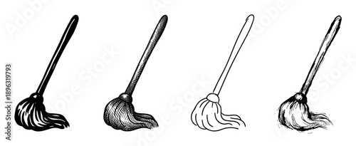 Set of four hand-drawn mop illustrations in various sketch styles, from a simple silhouette and line art to a detailed crosshatch drawing