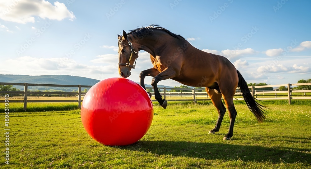 custom made wallpaper toronto digitalHorse balancing on a large red ball on a grassy field under sunlight