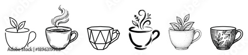 Six hand-drawn coffee and tea mugs in various artistic styles like sketch, geometric, and stippling, presented as a collection of black and white beverage icons