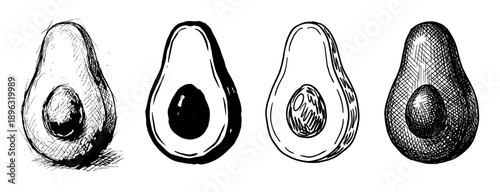 Four hand-drawn black and white avocado halves illustrated in various artistic sketch styles, including simple line art, cross-hatching, and solid ink for healthy food concepts