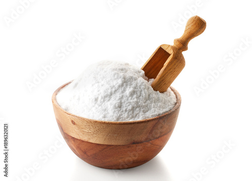 Fotografía Wooden bowl of baking soda powder on white background