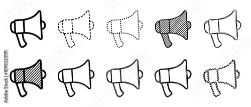 Hand-drawn black and white megaphone icons collection with various doodle styles including solid, dashed, dotted, and hatched lines for communication and announcement concepts
