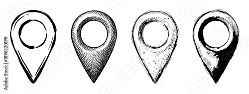 Four hand-drawn black map pin icons in a sketchy grunge style, showing different textures like cross-hatching and ink splatters for a navigation or location concept