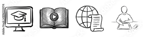 Set of four hand-drawn icons representing online education, e-learning, digital media, and creative work, rendered in a simple black and white sketch doodle illustration style