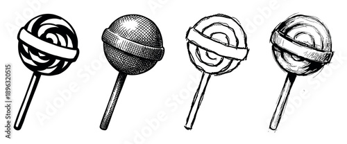 Four black and white hand drawn lollipops in various artistic styles from clean graphic to rough sketch, showing a collection of sweet candy illustrations with blank banners