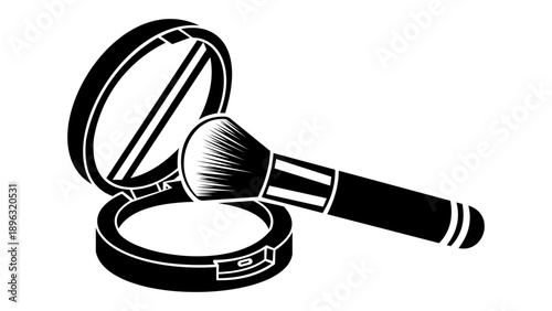 Black and white illustration of a makeup brush and compact powder