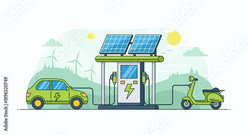 Electric vehicles charging at a solar powered station with wind turbines in the background viewed from the side electric vehicle, charging station, ev infrastructure, clean energy, smart city