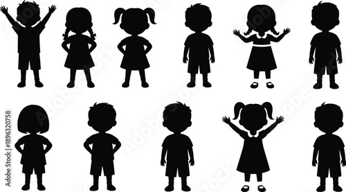 Children silhouette vector set showing boys and girls in different poses, playful gestures, simple black icons for design projects