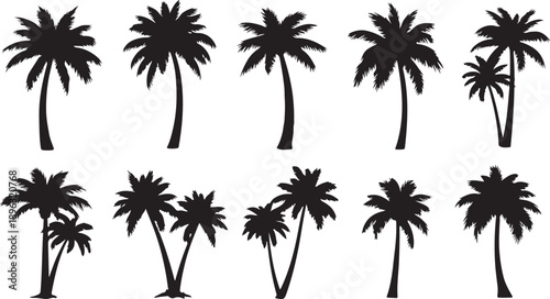 Silhouettes of palm trees and pink sun vector. set of palm trees and sunrise vector silhouette. tropical landscape and mountains black, very peri vector