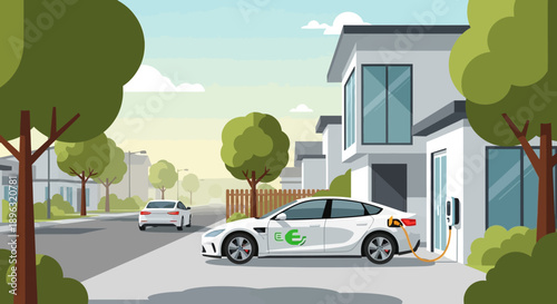 Modern electric car charging at a suburban home with a sleek design on a sunny day