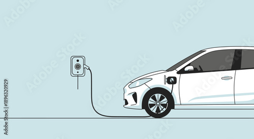 Electric car charging at a station on a light blue background from a side view electric vehicle, charging station, ev infrastructure, clean energy, smart city