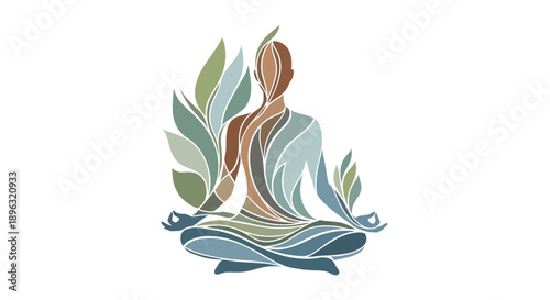 Meditation figure with colorful abstract leaf patterns and zen