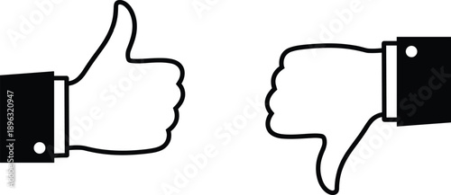 Thumbs up and thumbs down hand icons representing approval and disapproval, like and dislike, feedback choice, rating decision, and user opinion concept