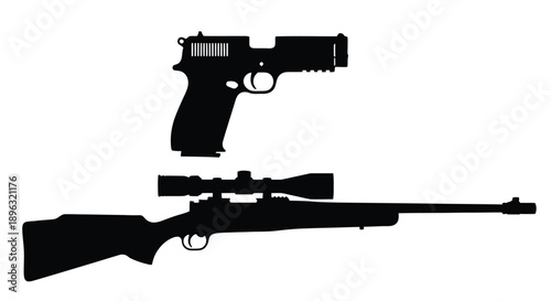 Black silhouette illustration of a rifle with scope and a handgun displayed together