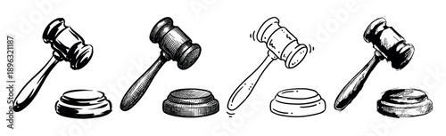 Four different hand-drawn wooden judge's gavels and sounding blocks in a black and white sketch style, a collection of icons symbolizing justice, law, and court decisions