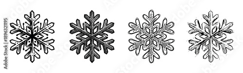 Four hand-drawn black and white snowflakes in a sketch style collection, featuring various intricate patterns and textures like cross-hatching and scribbles for winter holiday design