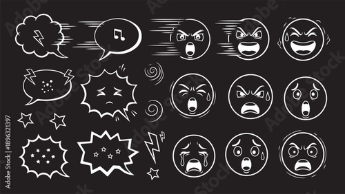 Emoji expressions set. Vector cartoon emoticons collection. Cute smiley faces showing different emotions: happy, sad, angry, crying, surprise. Funny character