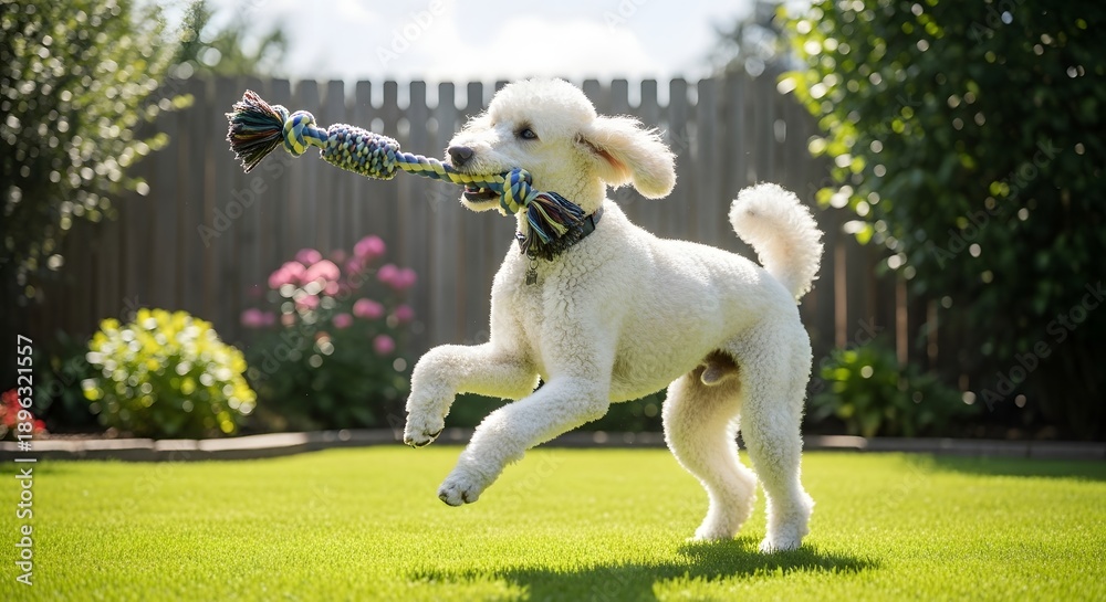 custom made wallpaper toronto digitalPlayful poodle dog with toy on green grass outdoors near wooden fence