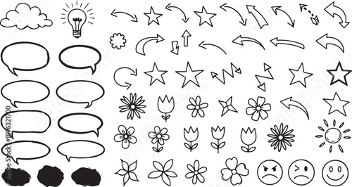 Doodle Icons Set Hand Drawn Elements Symbols and Decorative Design Rose Lightning Stars Idea Notes Bubbles