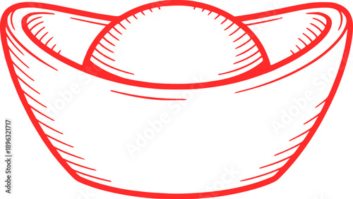 Traditional Chinese gold ingot (Yuanbao) illustration in elegant red line art style, symbolizing wealth, prosperity, fortune, and financial success in Chinese culture