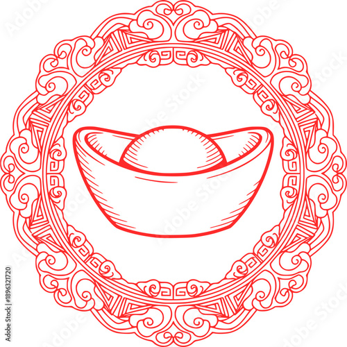 Traditional Chinese gold ingot (Yuanbao) illustration in elegant red line art style, symbolizing wealth, prosperity, fortune, and financial success in Chinese culture
