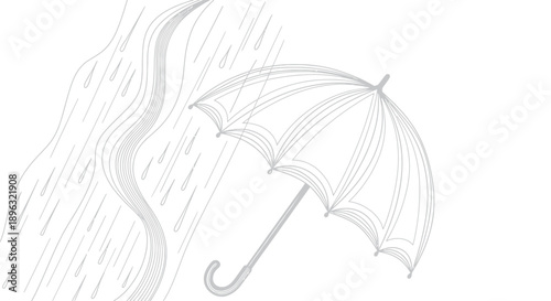 Umbrella in rain with flowing water stream line art illustration