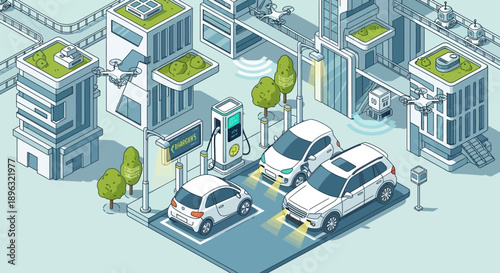 Isometric illustration of an urban scene featuring electric vehicles charging at a station.