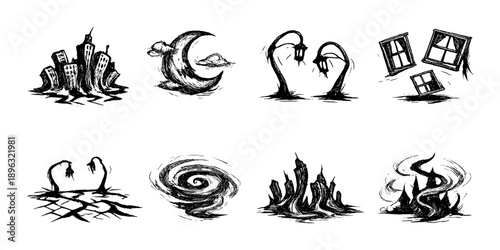 Abstract monochrome sketches of surreal buildings and natural elements