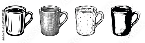 Set of four hand-drawn mugs with coffee, showcasing different artistic illustration styles from clean line art and engraving to sketchy and expressive ink wash techniques