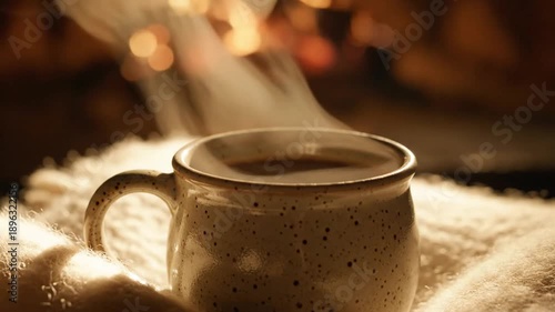 Steaming mug of coffee or tea in cozy indoor setting with soft lighting
