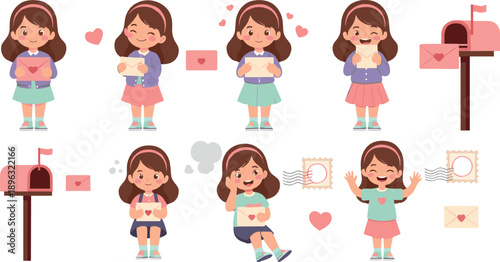 Cute girl sending and receiving love letters, happy child with mailbox and envelopes, communication and friendship concept, colorful flat vector illustration set