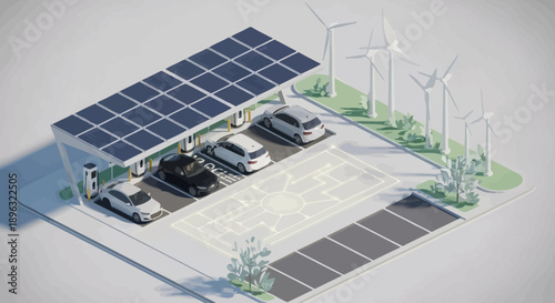 Isometric view of an electric vehicle charging station with solar panels and wind turbines.