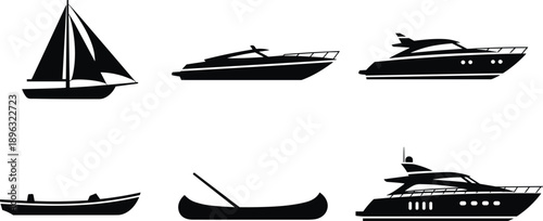 Boat silhouette icon set, sailboat, speedboat, yacht, rowboat, canoe, black vector illustration, watercraft design theme, isolated on white background