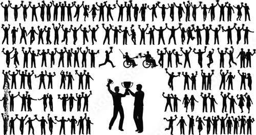 Celebration and unity silhouette illustration, diverse group with trophy and wheelchair, black vector design, achievement and inclusion theme, isolated on white background