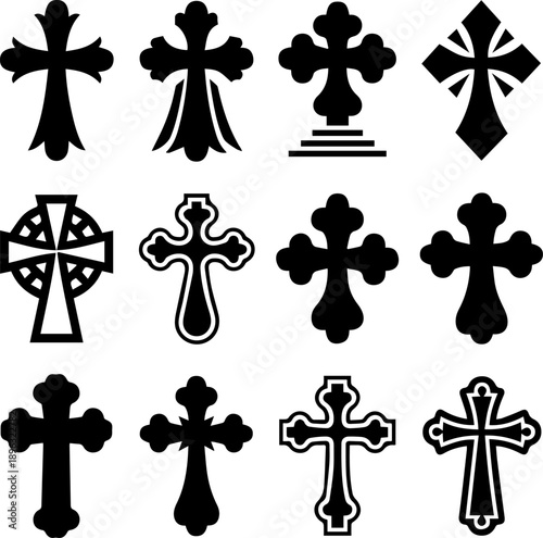 A collection of twelve distinct black silhouette cross designs, featuring various ornate and simple religious symbols and styles.
