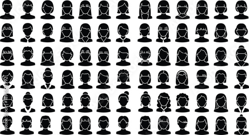 Head and hairstyle silhouette icon set, diverse styles and accessories, black vector illustration, fashion and identity theme, isolated on white background