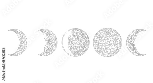 Moon phases from crescent to full moon abstract line art