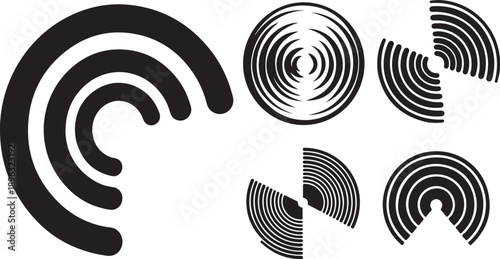 Black and white abstract shapes with concentric lines pattern