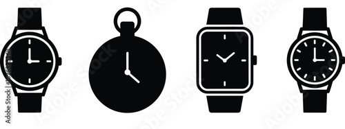 Timepiece silhouette icon set, wristwatch, pocket watch, digital and analog styles, black vector illustration, time display theme, isolated on white background