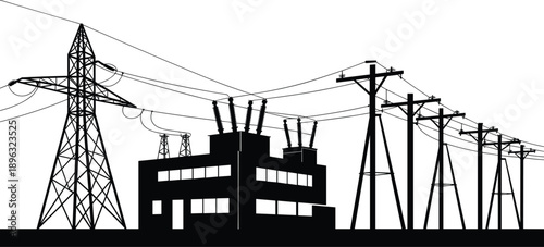 Electric power station silhouette, transmission towers and power lines, energy infrastructure for electricity distribution, industrial technology, grid system