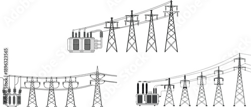 Electric power transmission towers and transformers, high voltage electricity distribution system, industrial energy infrastructure, grid technology illustration