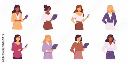 Diverse group of women using smartphones and tablets in a professional setting