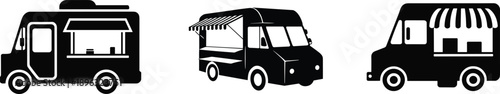 Food truck silhouettes, mobile street food vehicles and catering vans, urban fast food concept, delivery service, restaurant business illustration