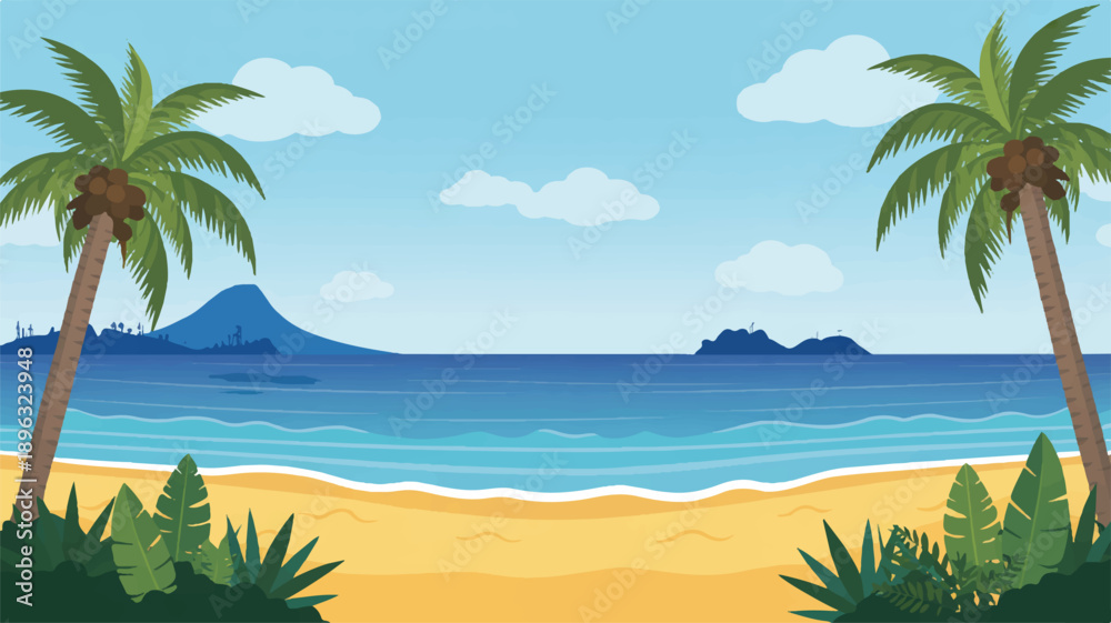 Obraz premium A bright, cheerful beach scene illustration with a flat, 2D art style (2)_traced