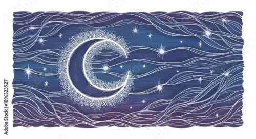Crescent moon and stars in night sky decorative illustration