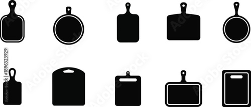 Minimal kitchen cutting board silhouette icon set featuring wooden chopping boards solid vector illustration for cooking apps branding
